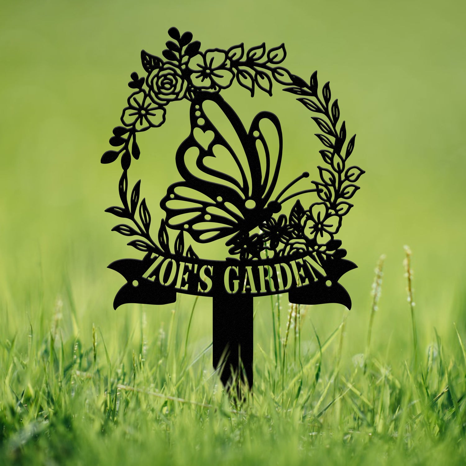 Personalized Floral Butterfly Garden Sign, Custom Name Stake, Metal Garden Decor, Gardener’s Name Plaque, Yard Art Gift for Nature Lovers