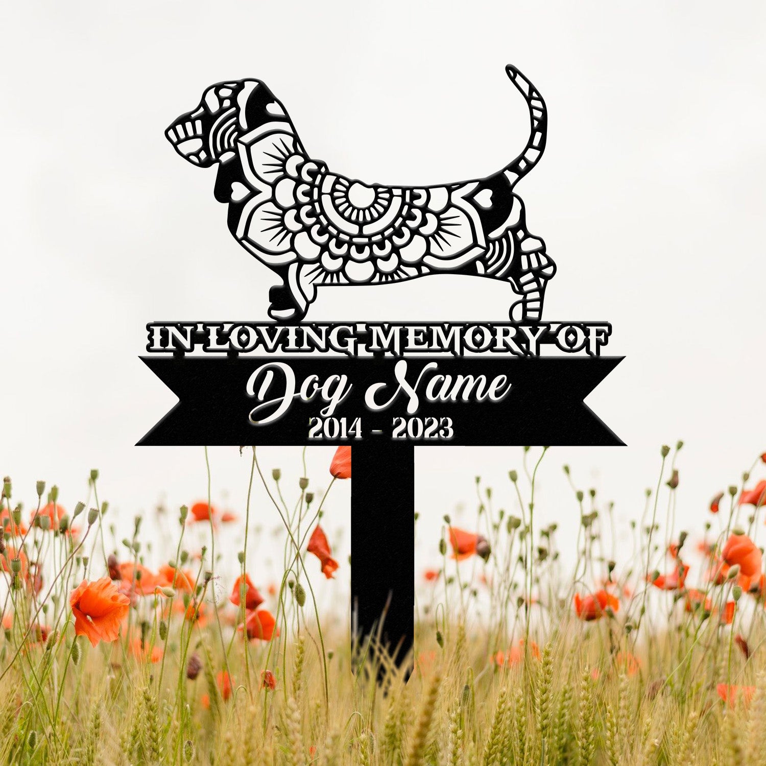Personalized Basset Hound Mandala Garden Stake, Zentangle Yard Art, Dog Memorial Sign, Outdoor Decor, Pet Loss Sympathy Gift