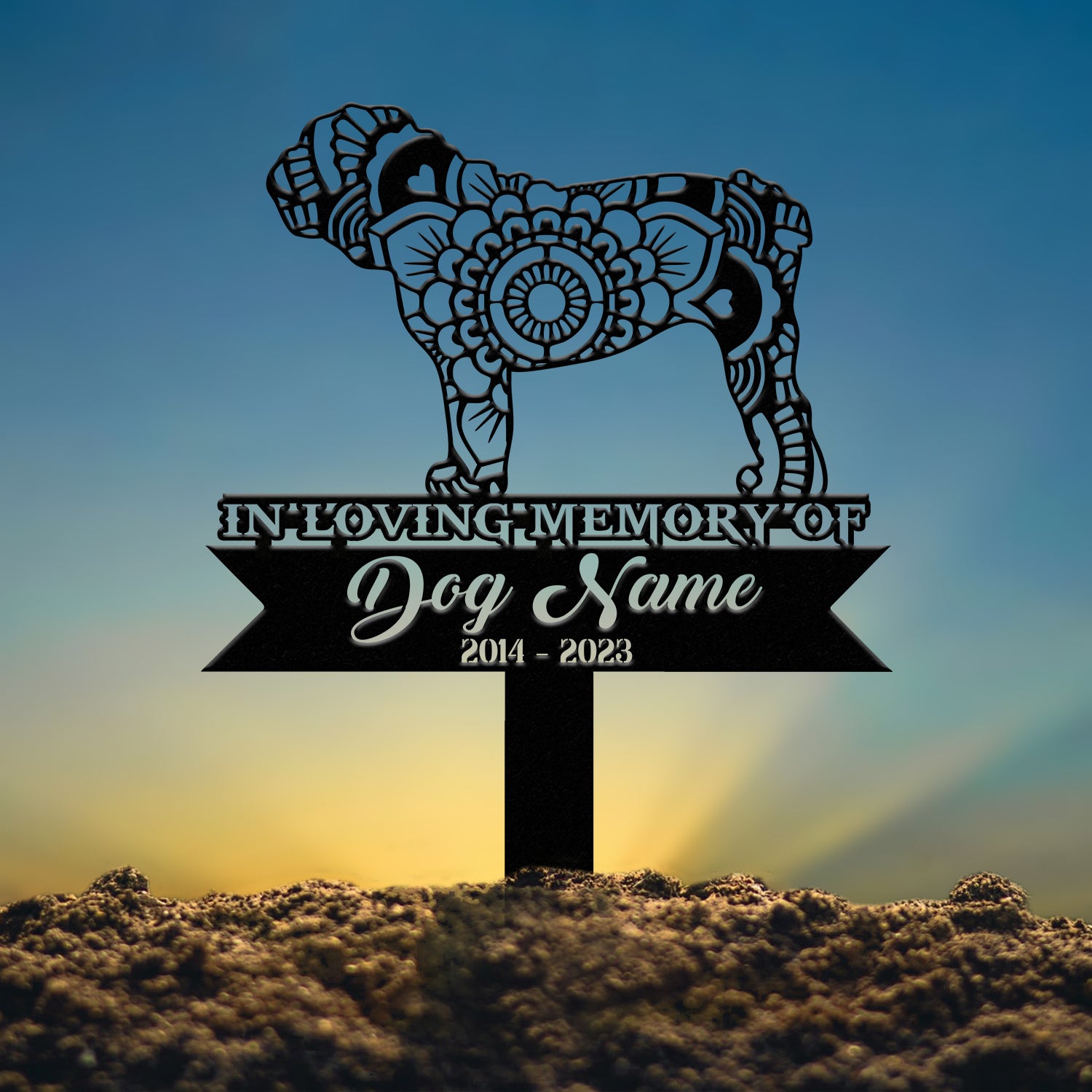 Personalized Bull Dog Mandala Garden Stake, Zentangle Yard Art, Dog Memorial Sign, Outdoor Decor, Pet Loss Sympathy Gift, Bull Dog Memorial