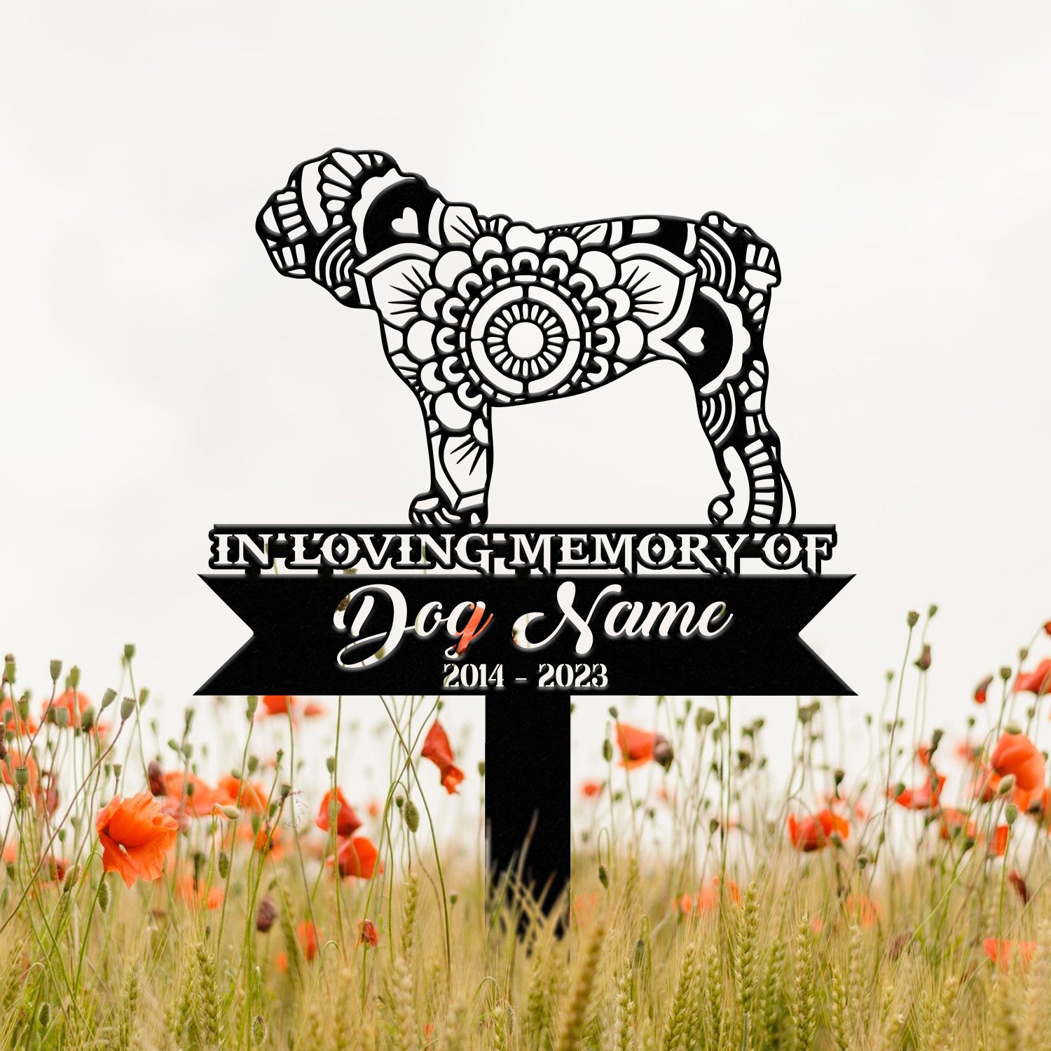 Personalized Bull Dog Mandala Garden Stake, Zentangle Yard Art, Dog Memorial Sign, Outdoor Decor, Pet Loss Sympathy Gift, Bull Dog Memorial