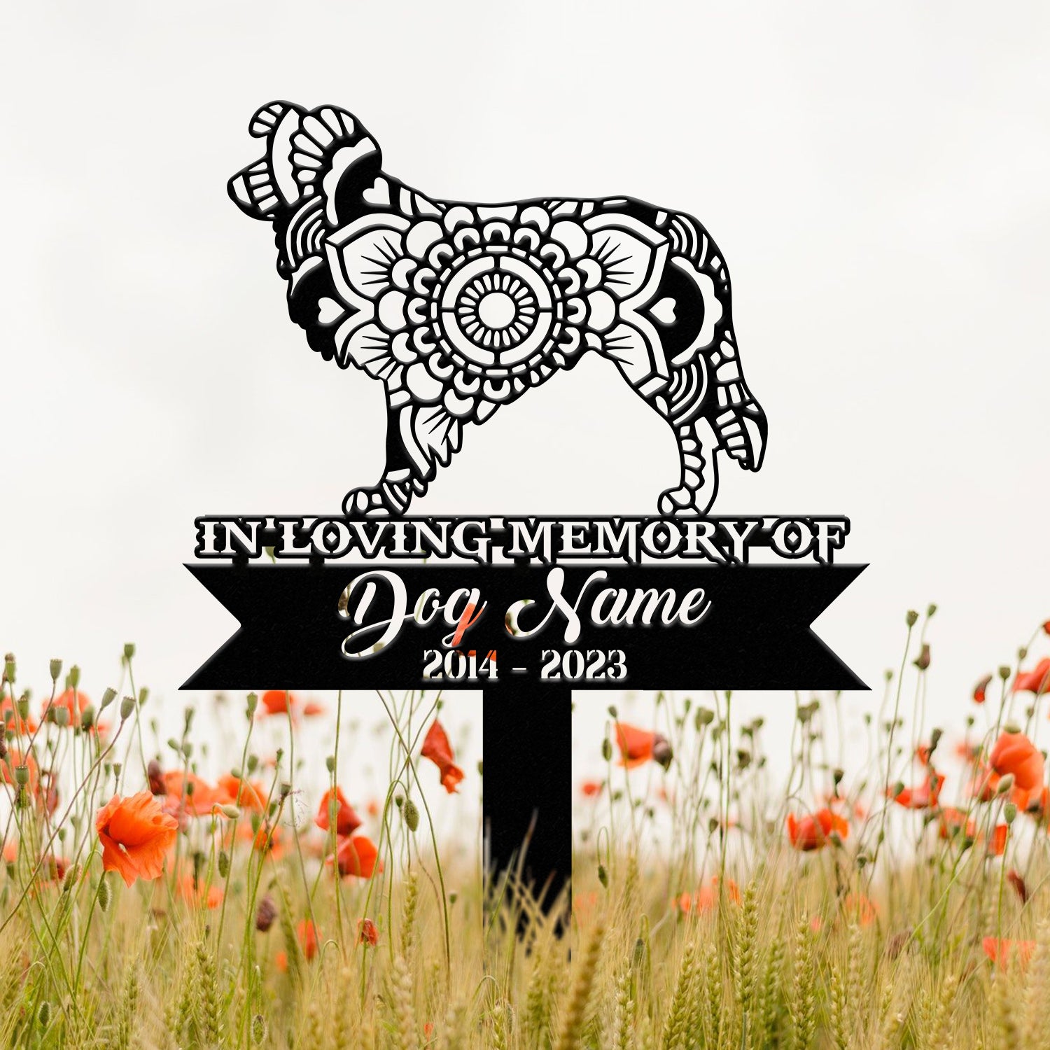 Border Collie Mandala Garden Stake, Zentangle Yard Art, Dog Garden Sign, Pet Grave Marker, Border Collie Gift, Sympathy Pet Loss Memorial