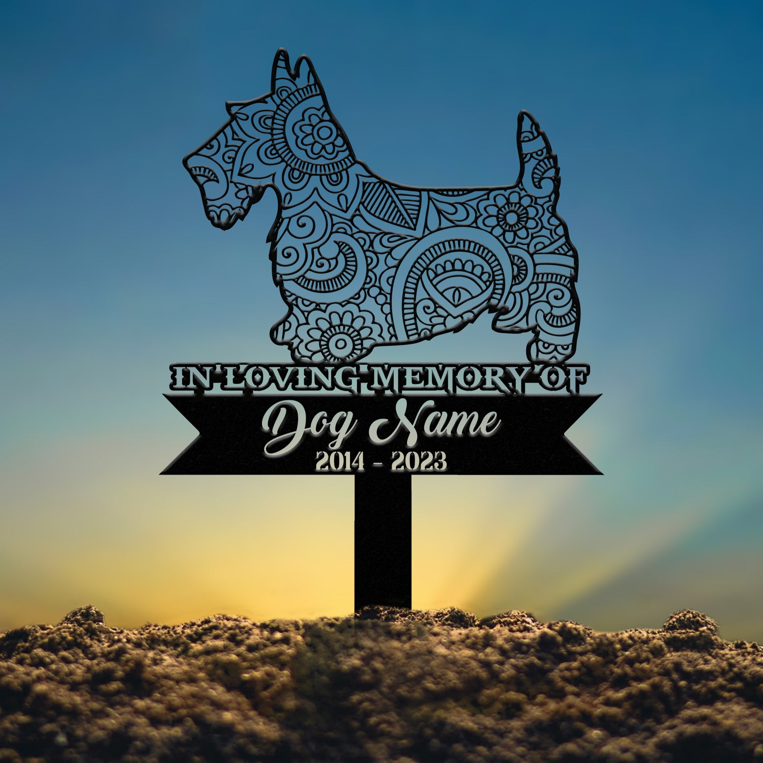 Scottish Terrier Mandala Garden Stake, Zentangle Dog Yard Art, Custom Pet Grave Marker, Sympathy Gift, Scottish Terrier Memorial Sign