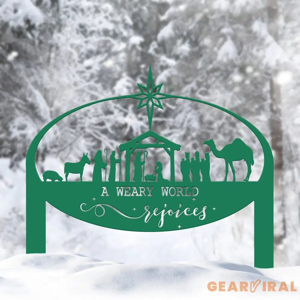 A Weary World Rejoices Sign Outdoor Nativity Metal Yard Stake Oval Manger Scene Sign Holiday Decor Merry Christmas Sign