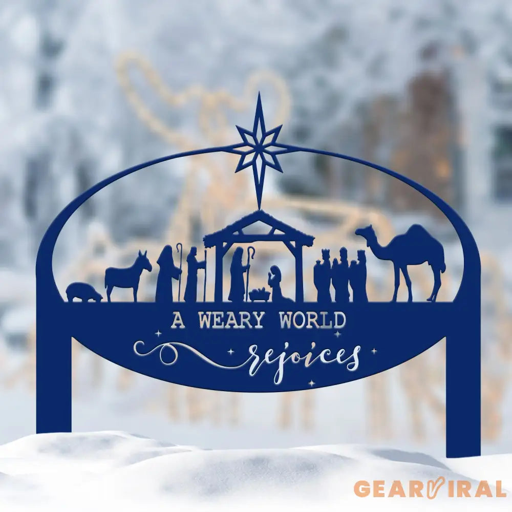 A Weary World Rejoices Sign Outdoor Nativity Metal Yard Stake Oval Manger Scene Sign Holiday Decor Merry Christmas Sign