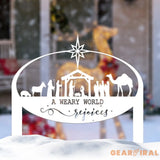 A Weary World Rejoices Sign Outdoor Nativity Metal Yard Stake Oval Manger Scene Sign Holiday Decor Merry Christmas Sign