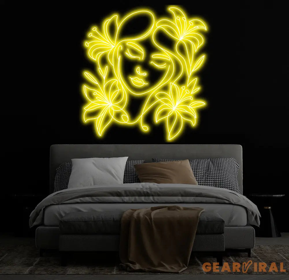 Abstract Face Neon Sign with Flower Custom Neon Wall Art Personalized Modern Decor Minimalist Neon Light for Bedroom