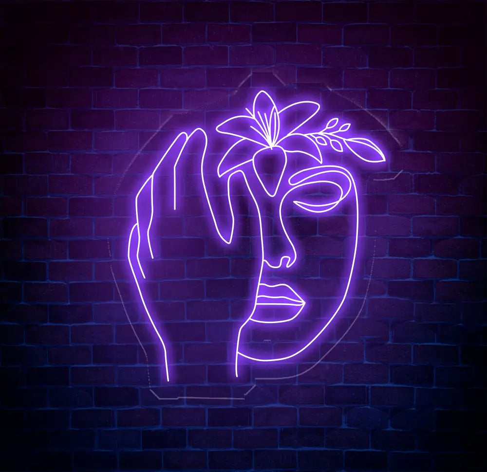 Abstract Face Neon Sign with Flower Custom Neon Wall Art Personalized Modern Decor Minimalist Neon Light for Bedroom