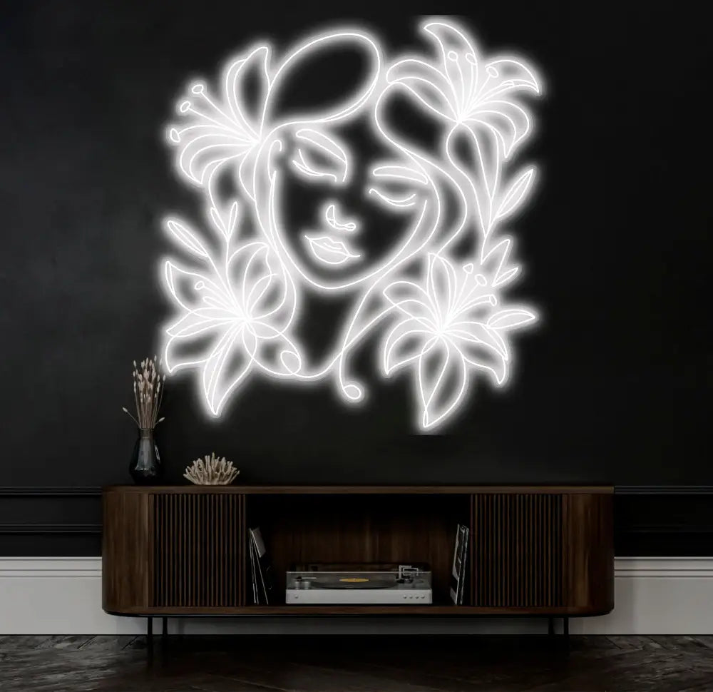 Abstract Face Neon Sign with Flower Custom Neon Wall Art Personalized Modern Decor Minimalist Neon Light for Bedroom