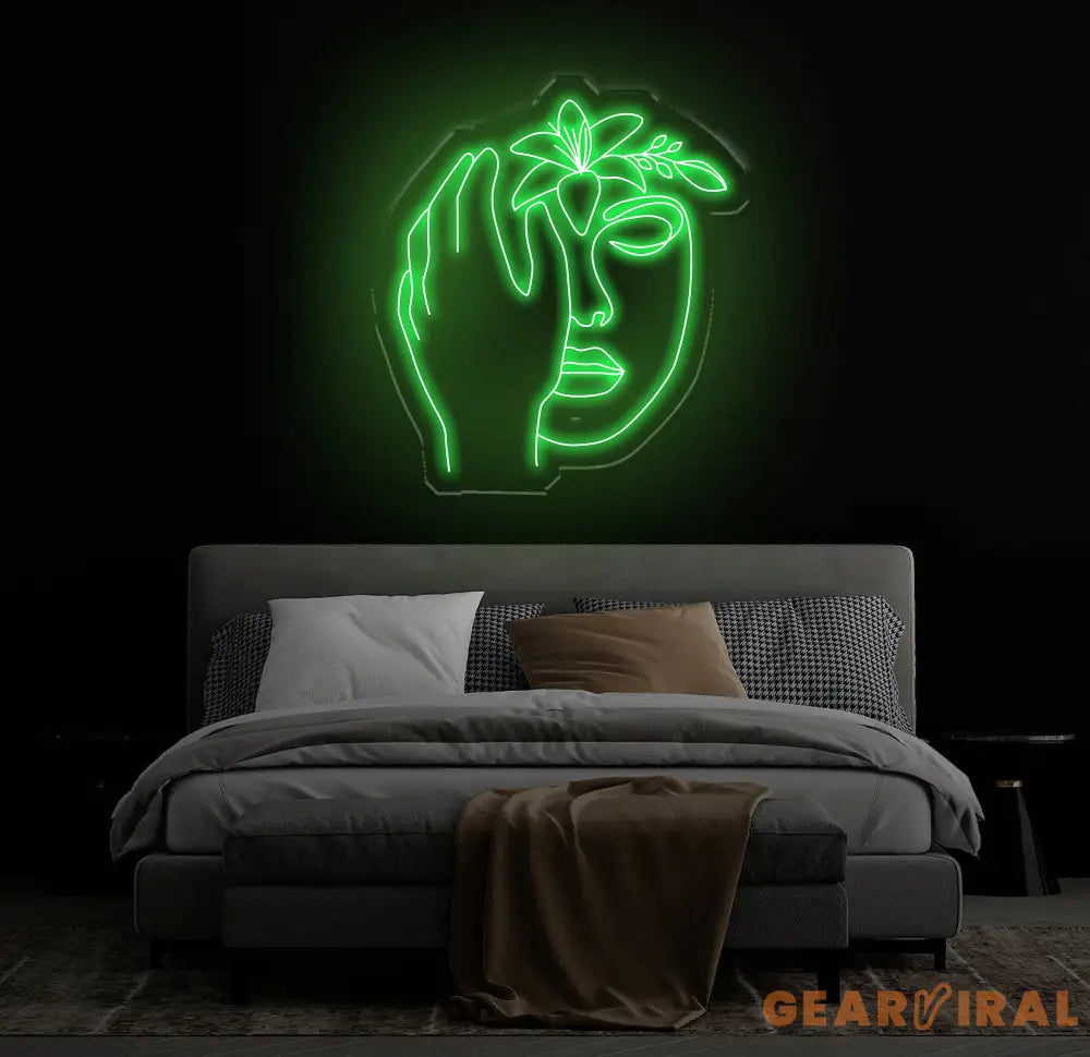 Abstract Face Neon Sign with Flower Custom Neon Wall Art Personalized Modern Decor Minimalist Neon Light for Bedroom