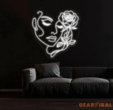 Abstract Face Neon Sign with Flower Custom Neon Wall Art Personalized Modern Decor Minimalist Neon Light for Bedroom