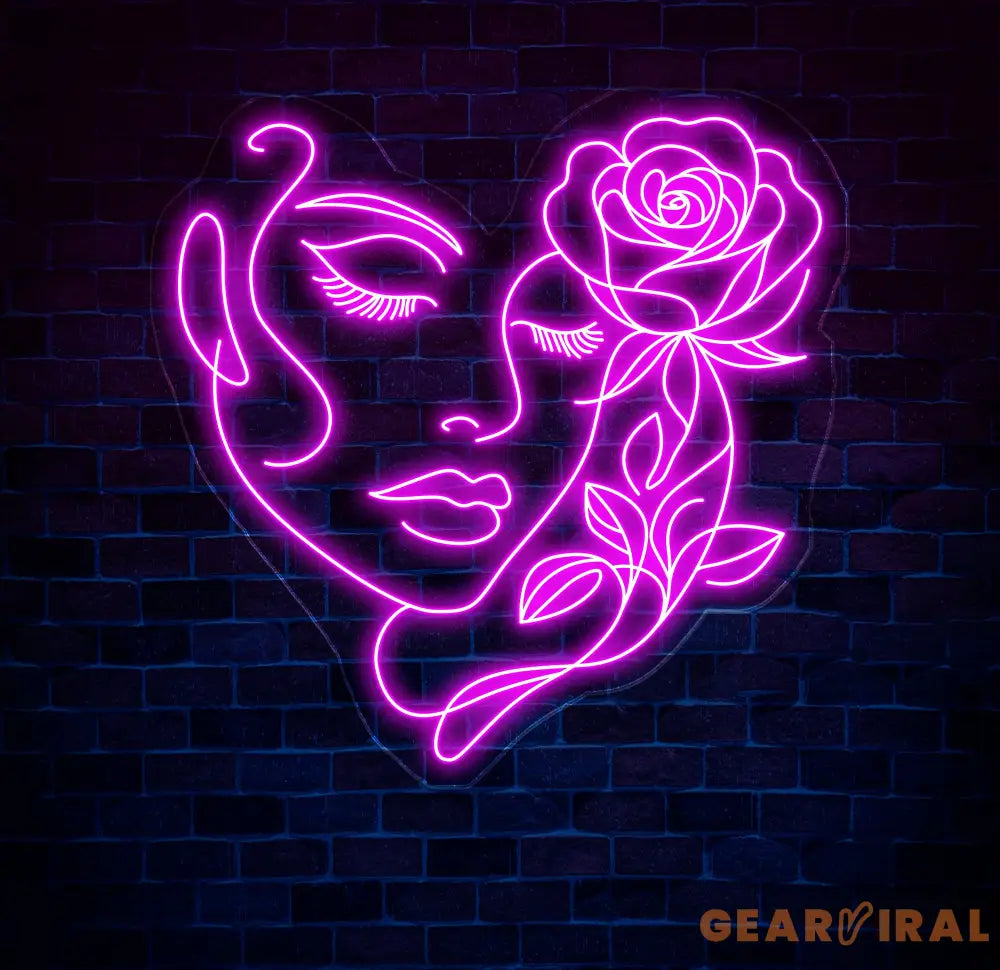 Abstract Face Neon Sign with Flower Custom Neon Wall Art Personalized Modern Decor Minimalist Neon Light for Bedroom