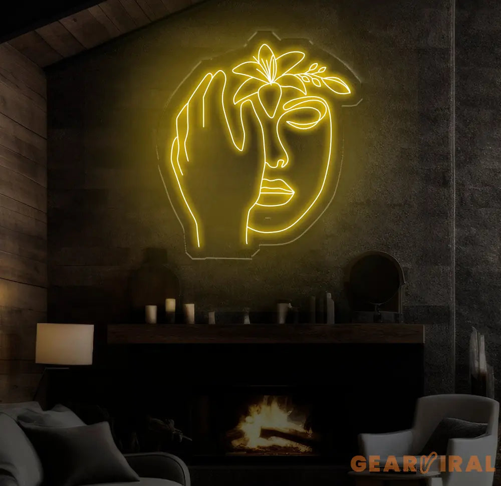 Abstract Face Neon Sign with Flower Custom Neon Wall Art Personalized Modern Decor Minimalist Neon Light for Bedroom