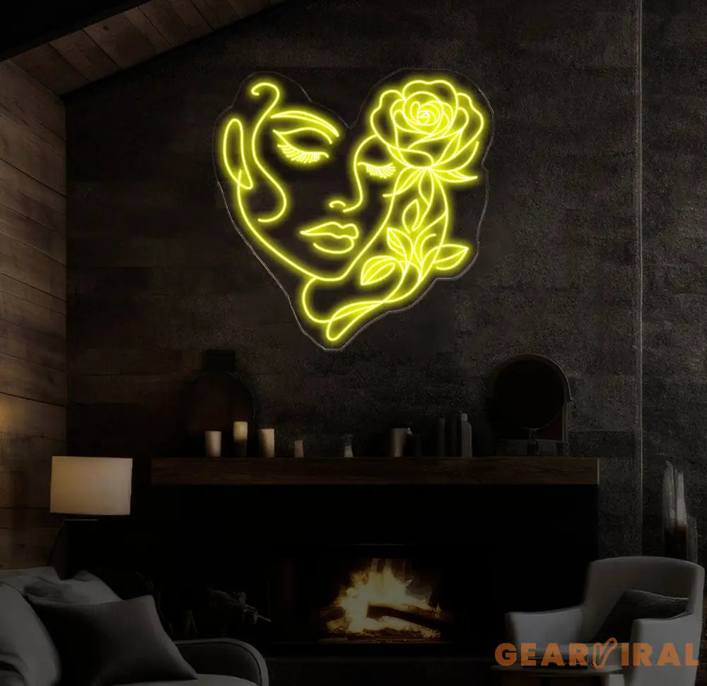 Abstract Face Neon Sign with Flower Custom Neon Wall Art Personalized Modern Decor Minimalist Neon Light for Bedroom