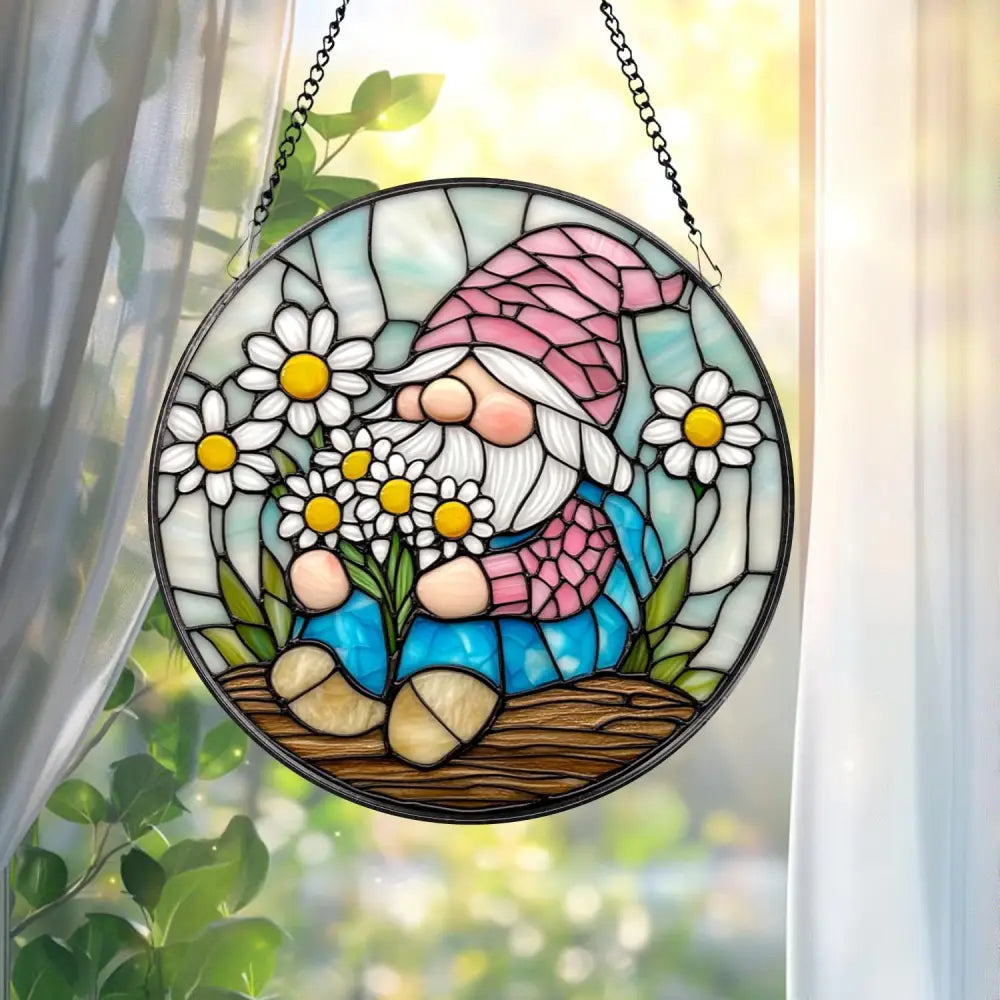 Adorable Spring Gnome Glass Suncatcher Fairy Garden Decor Flower Gnome Window Art Unique Gift for Her Cute