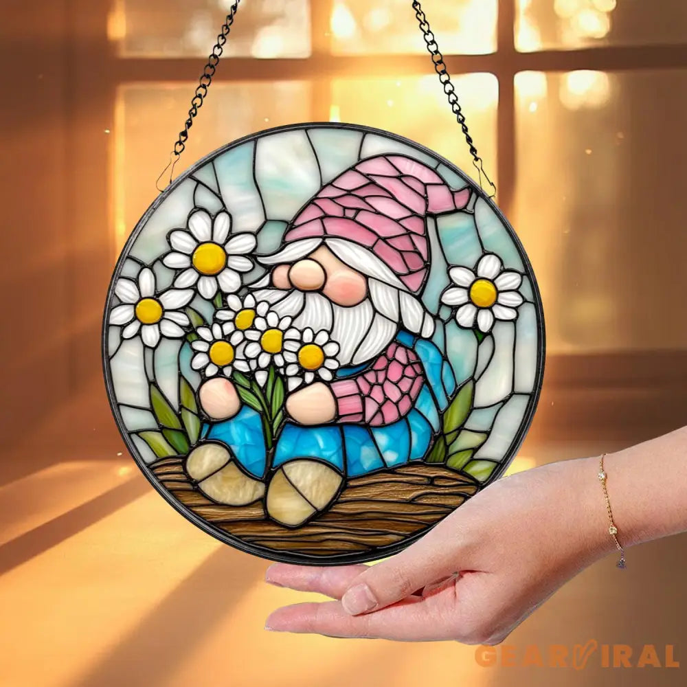 Adorable Spring Gnome Glass Suncatcher Fairy Garden Decor Flower Gnome Window Art Unique Gift for Her Cute