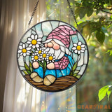Adorable Spring Gnome Glass Suncatcher Fairy Garden Decor Flower Gnome Window Art Unique Gift for Her Cute