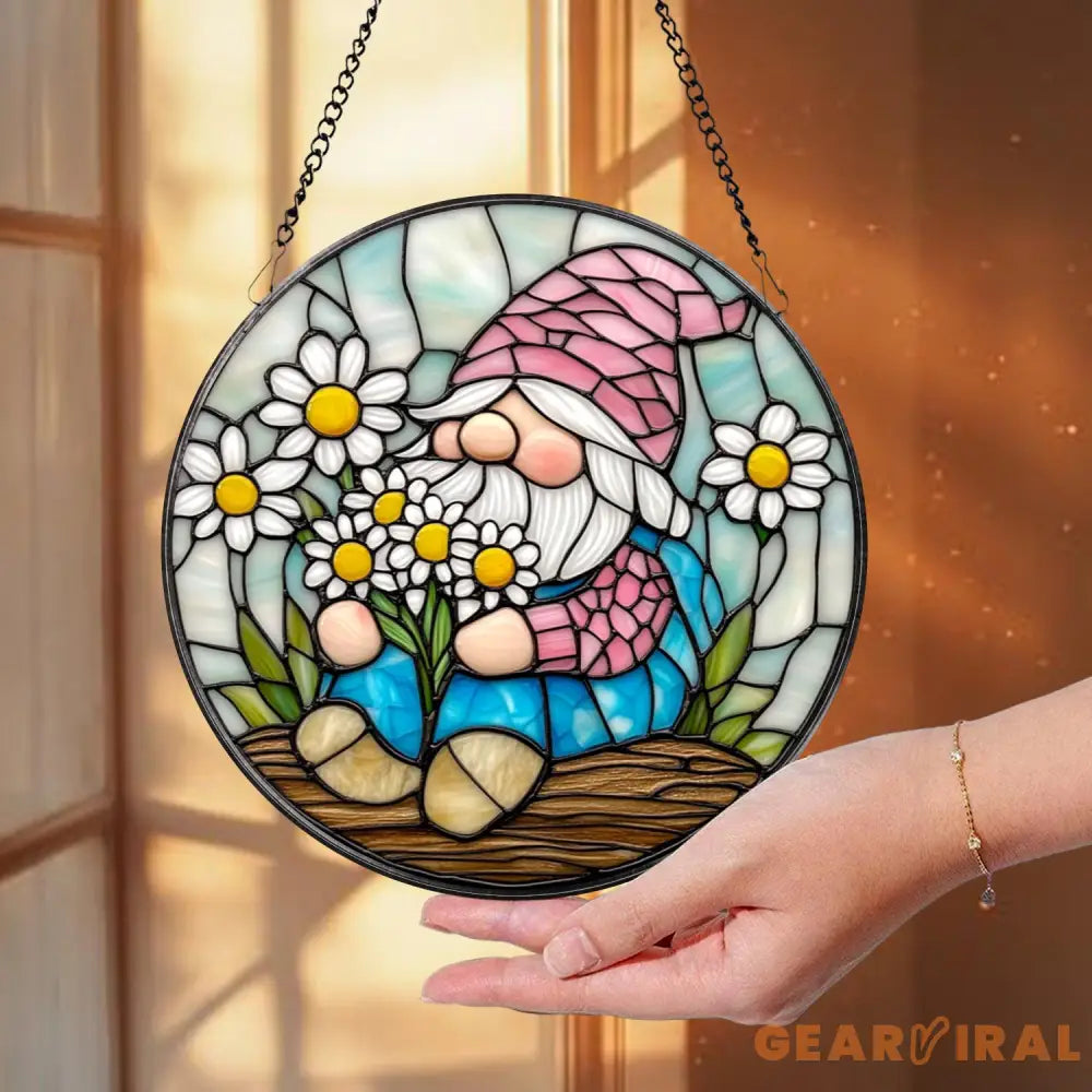 Adorable Spring Gnome Glass Suncatcher Fairy Garden Decor Flower Gnome Window Art Unique Gift for Her Cute