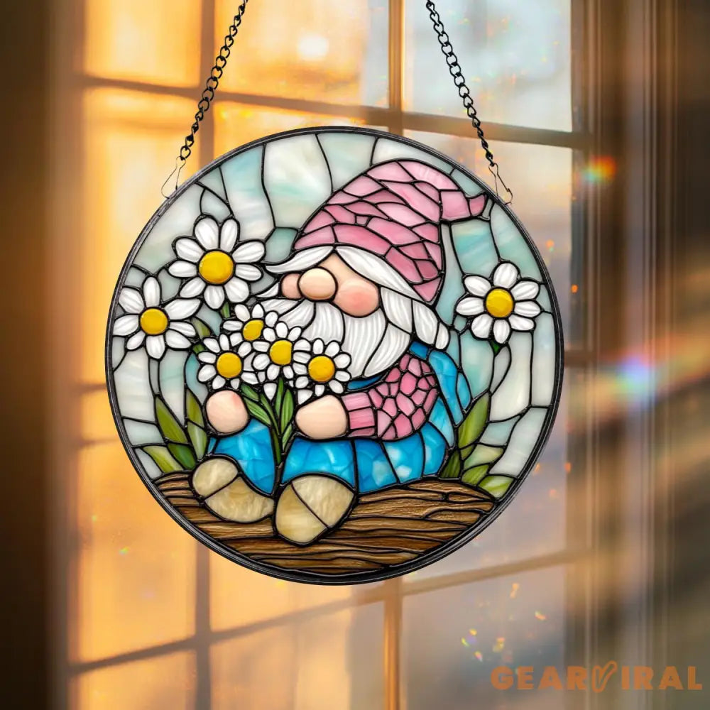 Adorable Spring Gnome Glass Suncatcher Fairy Garden Decor Flower Gnome Window Art Unique Gift for Her Cute