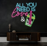 All You Need Is Love & Bubble Tea Neon Sign Custom Boba Tea Milk Tea LED Neon Light Drinks Coffee Bar Shop Home Wall