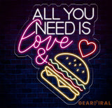All You Need Is Love & Burger Neon Sign Custom Hamburger Fast Food LED Neon Sign Night Light Home Wall Decor Restaurant