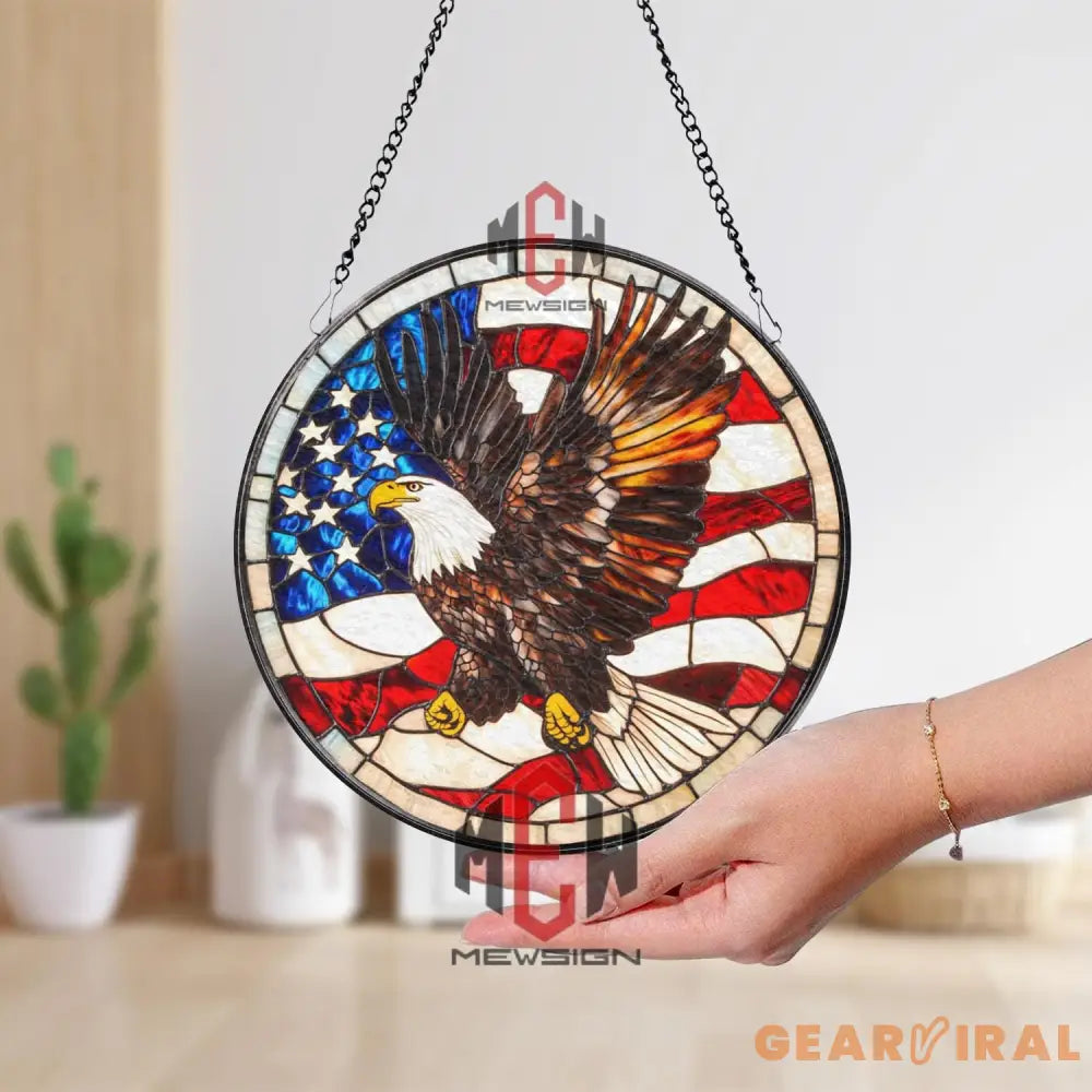 American Eagle Stained Glass Suncatcher Patriotic Window Hanging USA Flag Glass Panel Bald Eagle Decor 4th of July Gift