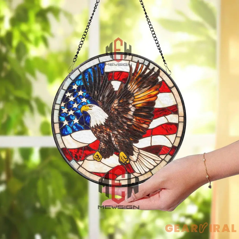 American Eagle Stained Glass Suncatcher Patriotic Window Hanging USA Flag Glass Panel Bald Eagle Decor 4th of July Gift