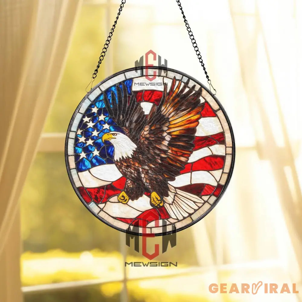 American Eagle Stained Glass Suncatcher Patriotic Window Hanging USA Flag Glass Panel Bald Eagle Decor 4th of July Gift