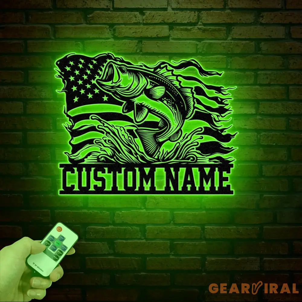 American Flag Bass Fishing Metal Sign with LED Lights Personalized Lake House Wall Art Fishing Name Sign Bass Fishing
