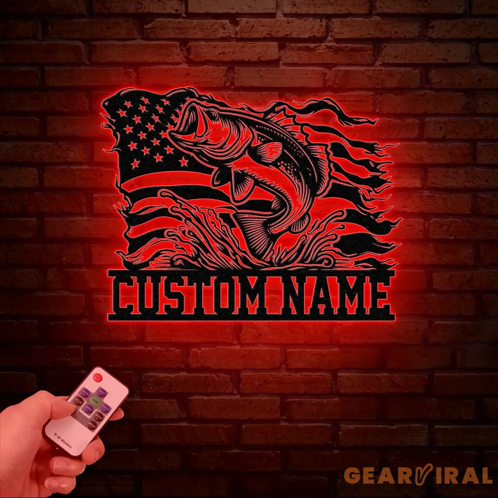 American Flag Bass Fishing Metal Sign with LED Lights Personalized Lake House Wall Art Fishing Name Sign Bass Fishing