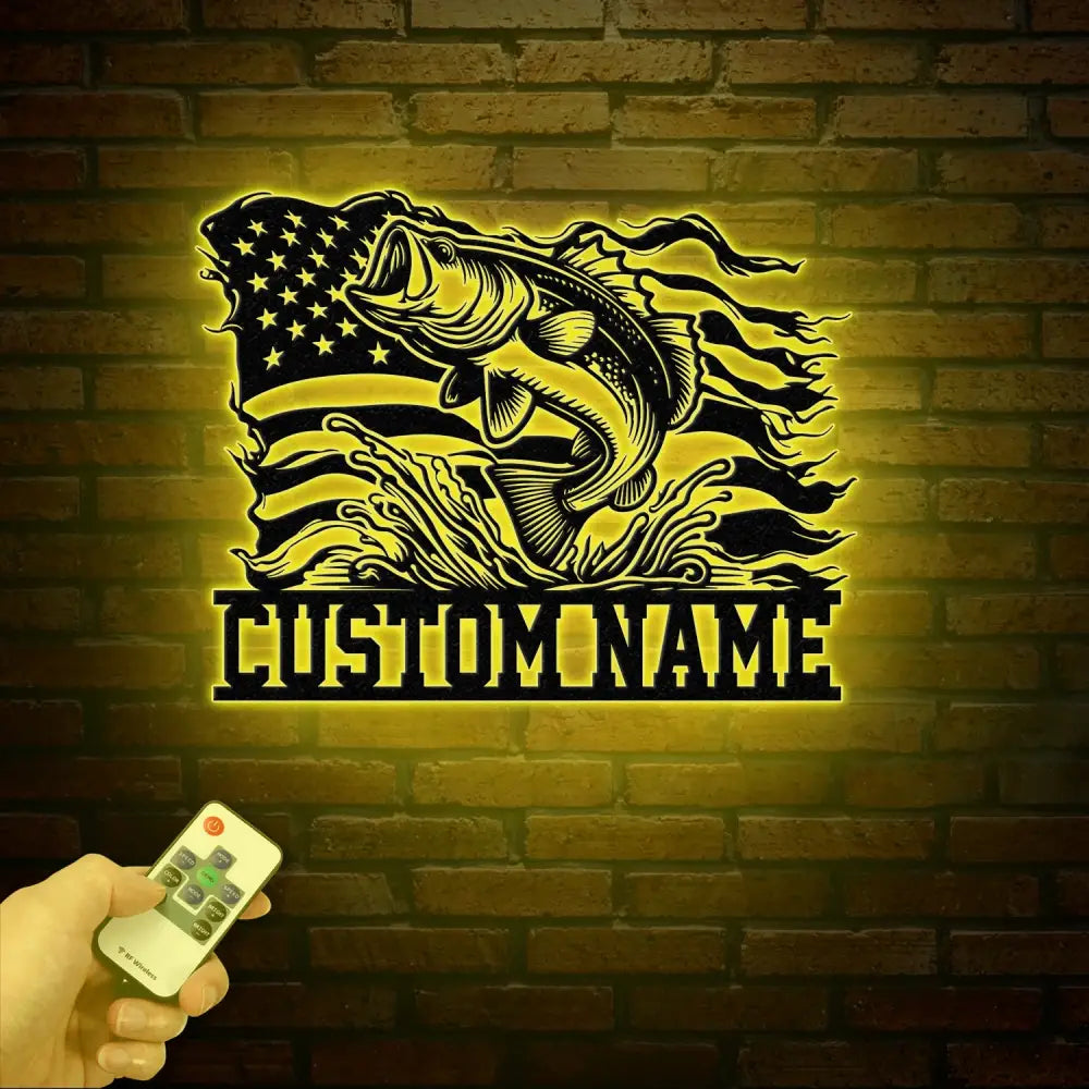 American Flag Bass Fishing Metal Sign with LED Lights Personalized Lake House Wall Art Fishing Name Sign Bass Fishing