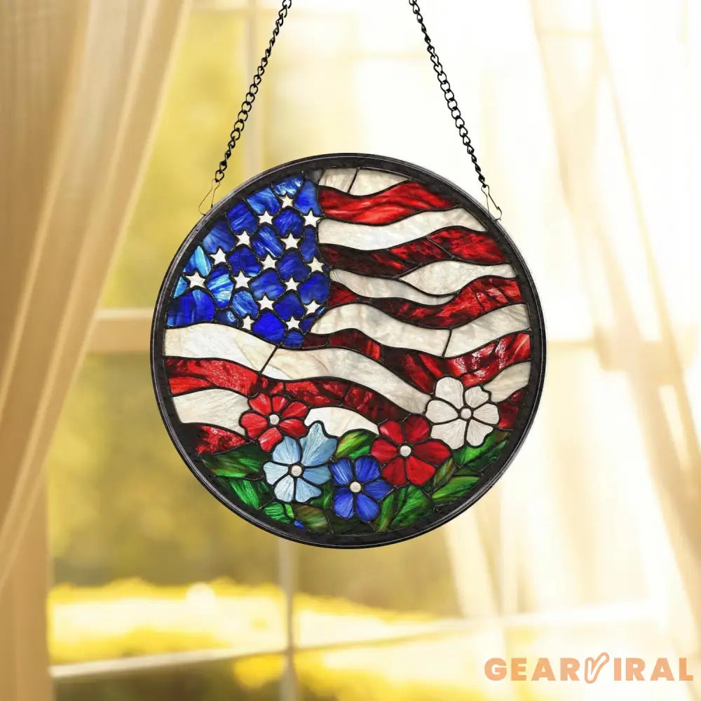 American Flag Stained Glass Suncatcher for Windows Patriotic Home Decor Rustic USA Style Gift for Veterans Fourth of