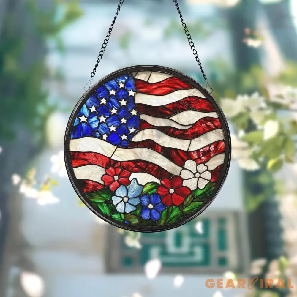 American Flag Stained Glass Suncatcher for Windows Patriotic Home Decor Rustic USA Style Gift for Veterans Fourth of