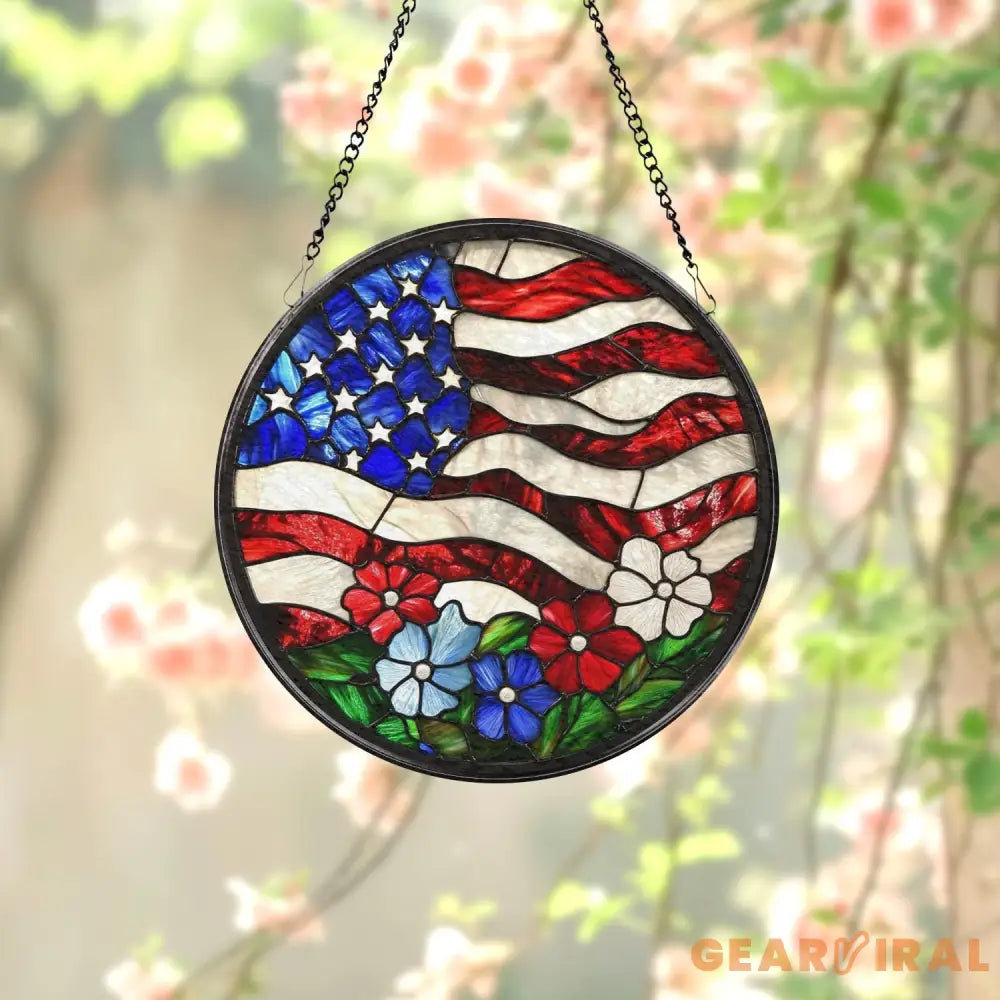 American Flag Stained Glass Suncatcher for Windows Patriotic Home Decor Rustic USA Style Gift for Veterans Fourth of