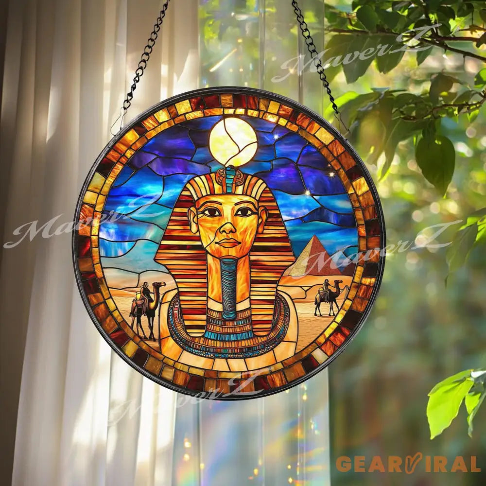 Ancient Egyptian Pharaoh Stained Glass Suncatcher Pyramid and Camel Scene Window Panel Cultural Wall Art Gift for