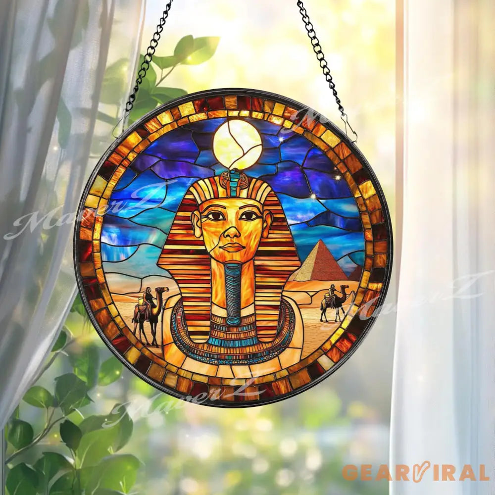 Ancient Egyptian Pharaoh Stained Glass Suncatcher Pyramid and Camel Scene Window Panel Cultural Wall Art Gift for