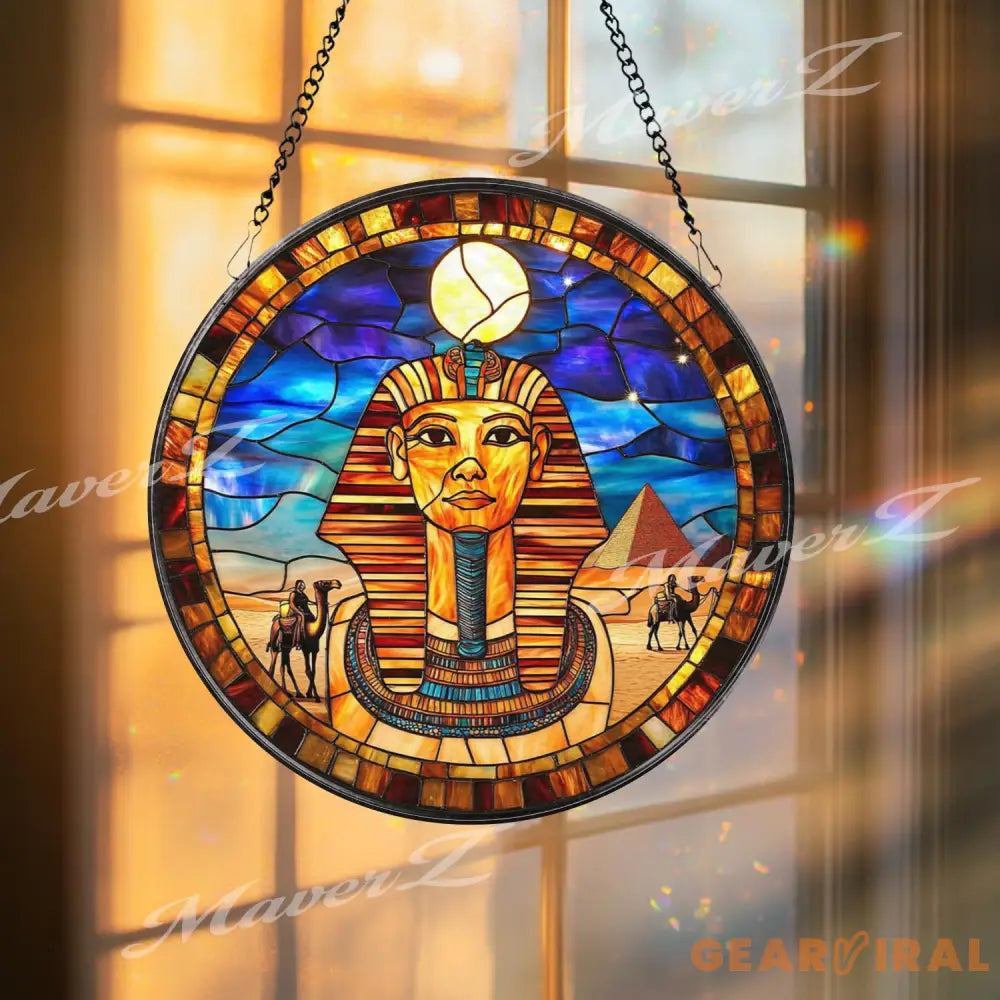 Ancient Egyptian Pharaoh Stained Glass Suncatcher Pyramid and Camel Scene Window Panel Cultural Wall Art Gift for