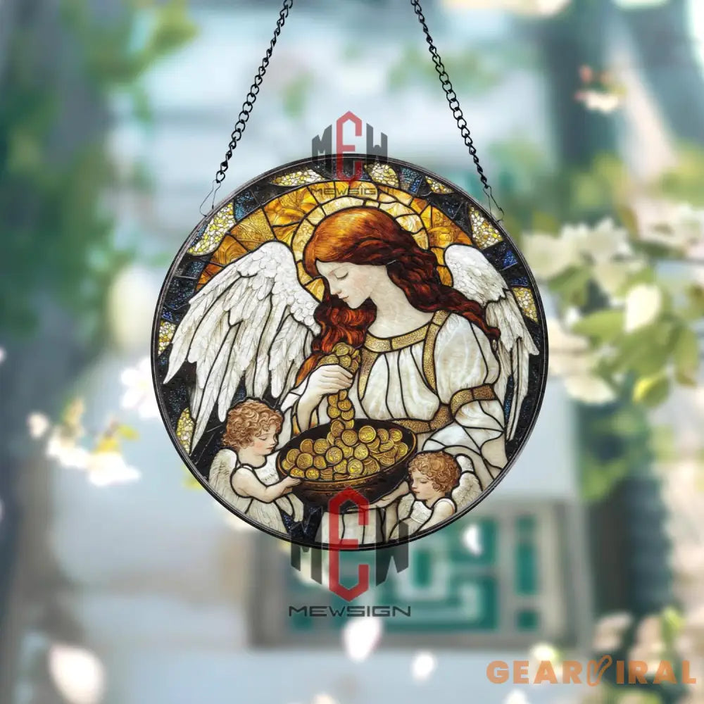 Angel and Cherubs Stained Glass Suncatcher – Guardian Angel Window Hanging Blessings and Abundance Art Panel Spiritual