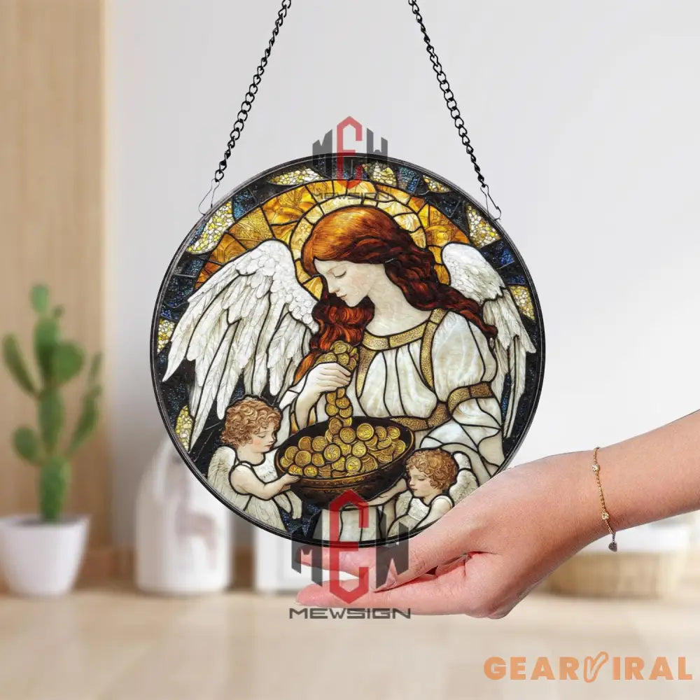 Angel and Cherubs Stained Glass Suncatcher – Guardian Angel Window Hanging Blessings and Abundance Art Panel Spiritual