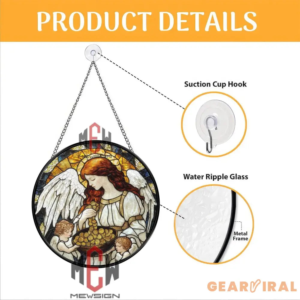 Angel and Cherubs Stained Glass Suncatcher – Guardian Angel Window Hanging Blessings and Abundance Art Panel Spiritual