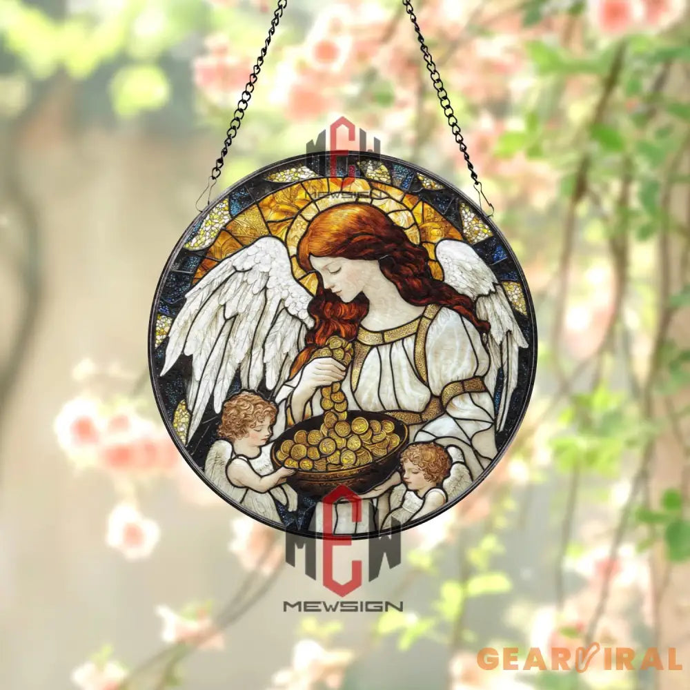 Angel and Cherubs Stained Glass Suncatcher – Guardian Angel Window Hanging Blessings and Abundance Art Panel Spiritual