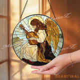 Angel Playing Guitar Stained Glass Suncatcher Spiritual Window Hanging Guardian Angel Art Panel Memorial or Sympathy