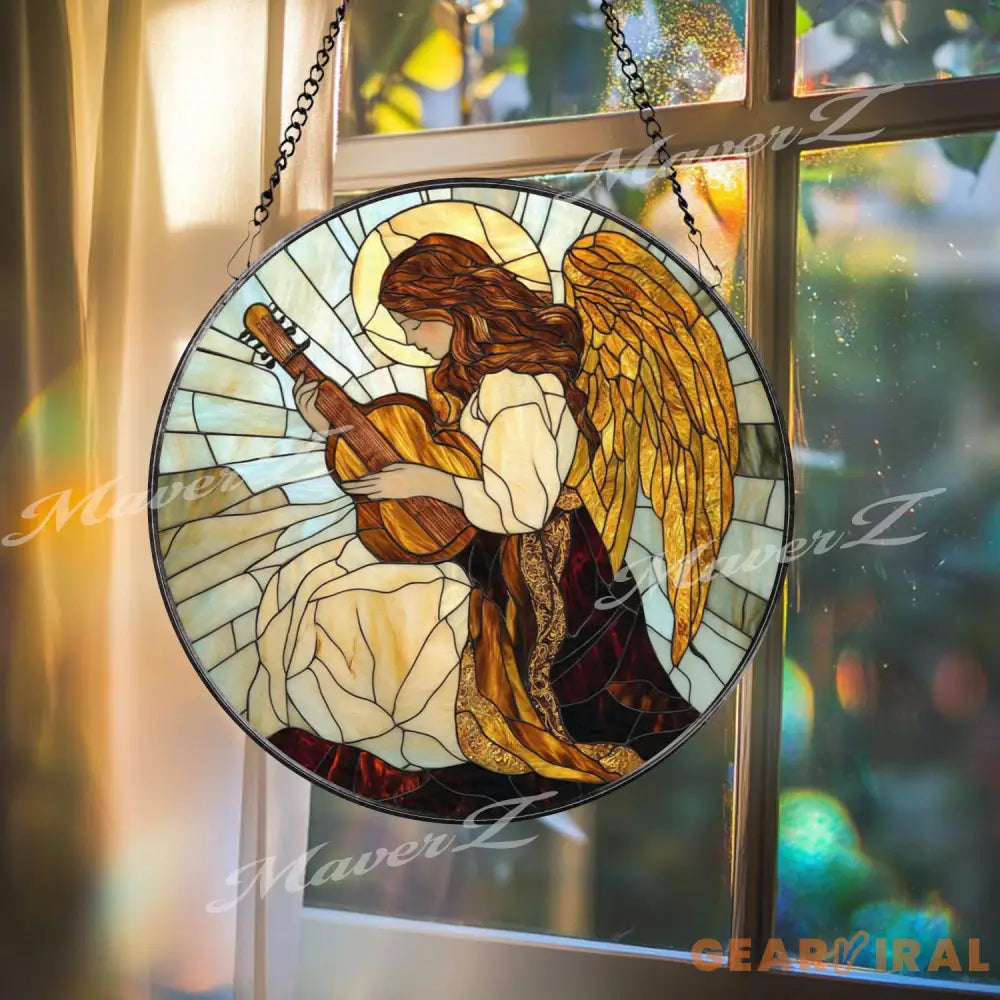 Angel Playing Guitar Stained Glass Suncatcher Spiritual Window Hanging Guardian Angel Art Panel Memorial or Sympathy