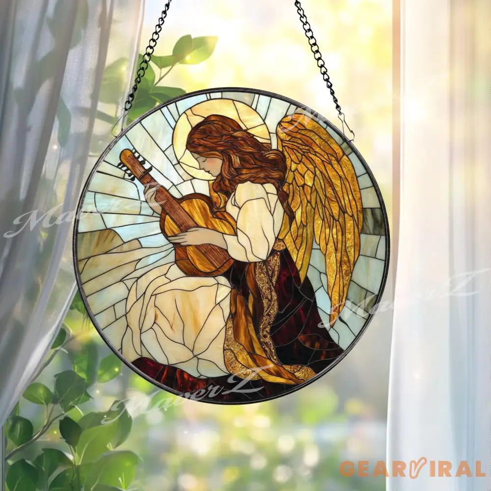 Angel Playing Guitar Stained Glass Suncatcher Spiritual Window Hanging Guardian Angel Art Panel Memorial or Sympathy