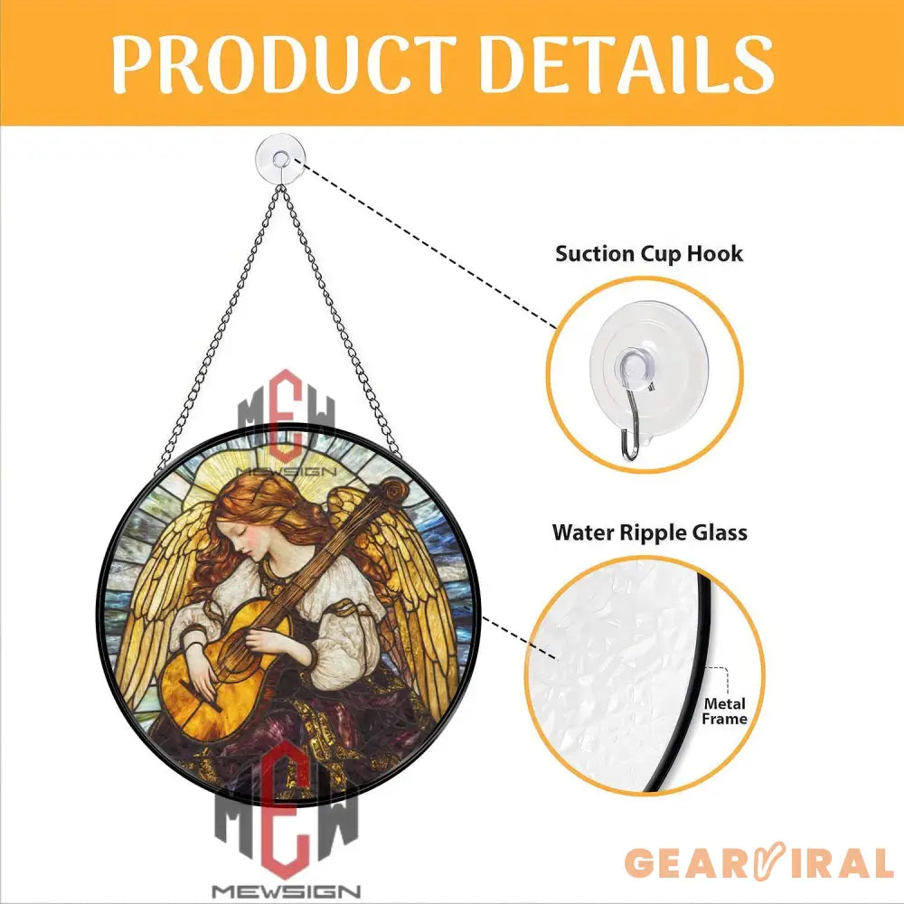 Angel Playing Lute Stained Glass Suncatcher Vintage Music Angel Window Panel Spiritual Guardian Art Heavenly Gift for