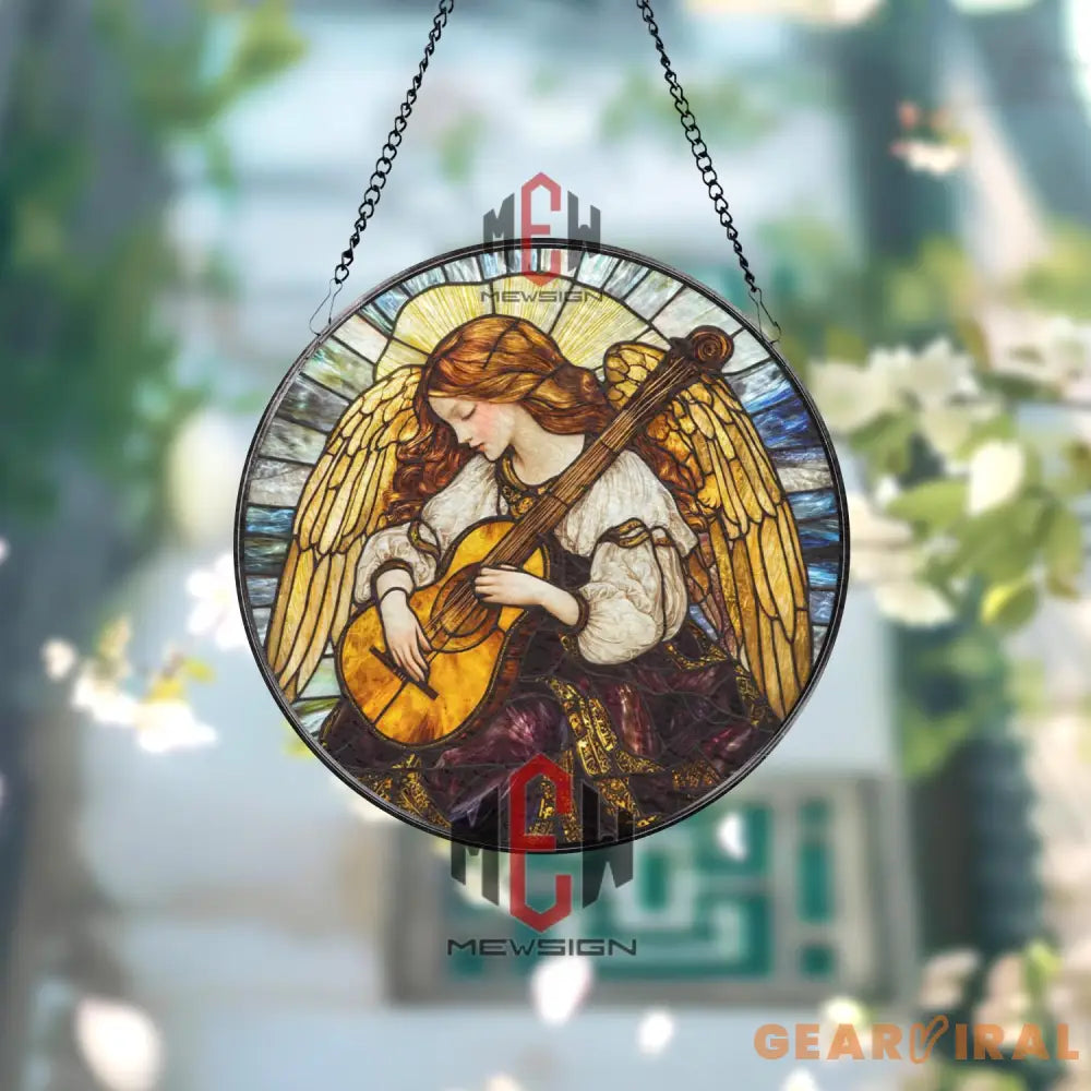 Angel Playing Lute Stained Glass Suncatcher Vintage Music Angel Window Panel Spiritual Guardian Art Heavenly Gift for