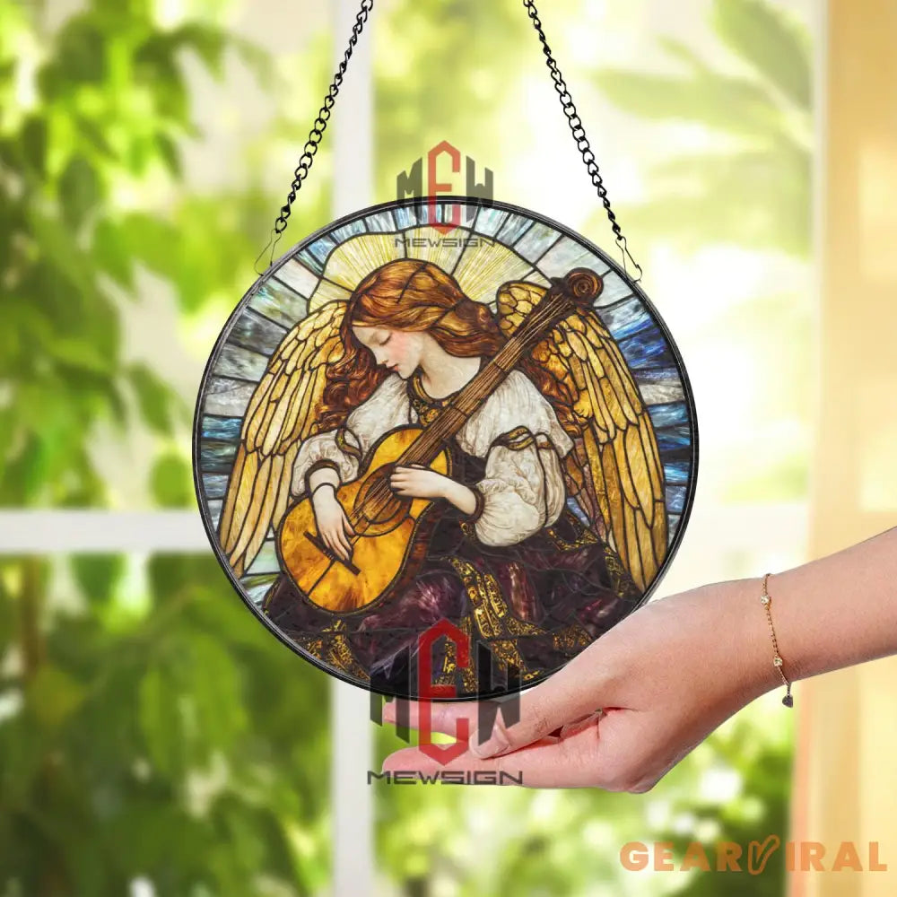 Angel Playing Lute Stained Glass Suncatcher Vintage Music Angel Window Panel Spiritual Guardian Art Heavenly Gift for