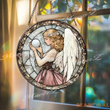 Angel Stained Glass Suncatcher Elegant Angel with Orb Glass Panel Spiritual Window Hanging Guardian Angel Decor