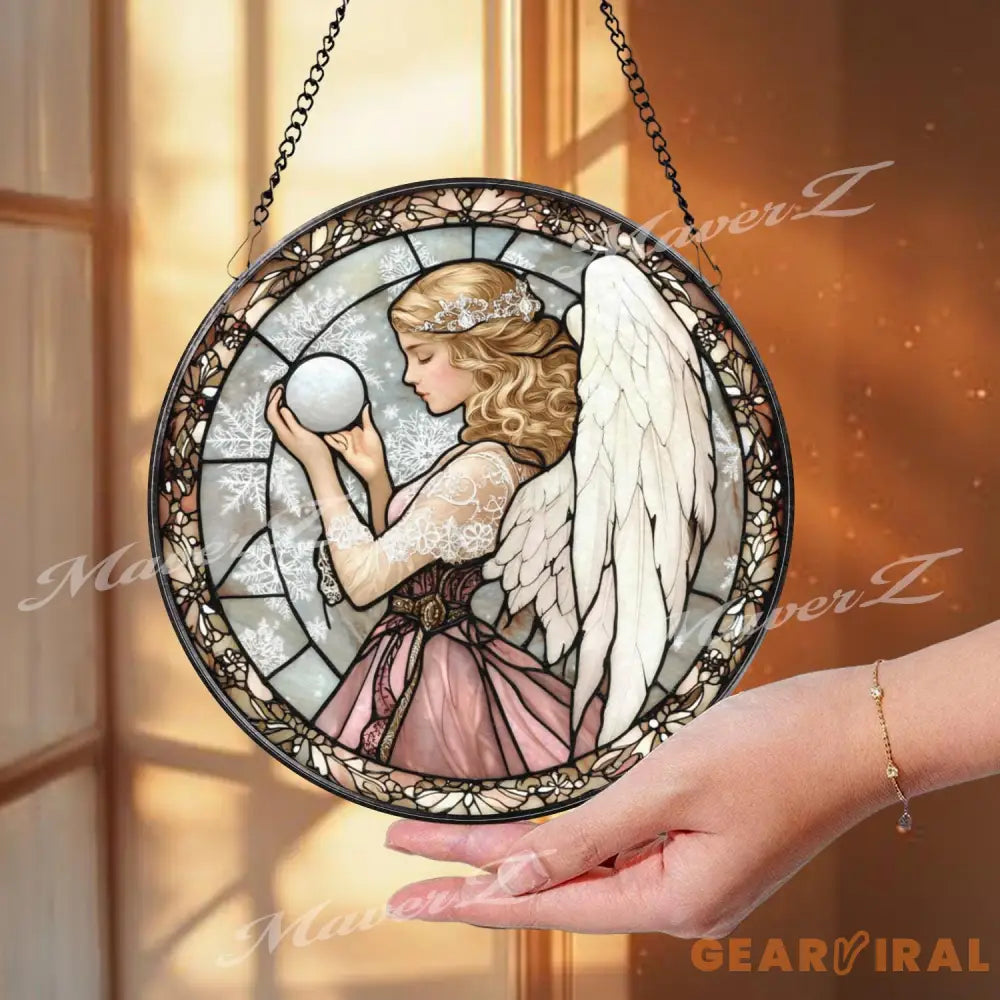 Angel Stained Glass Suncatcher Elegant Angel with Orb Glass Panel Spiritual Window Hanging Guardian Angel Decor