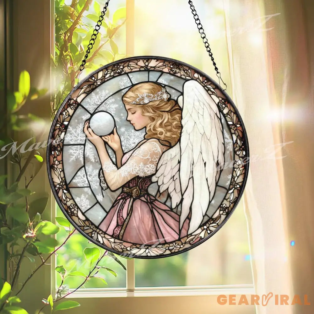 Angel Stained Glass Suncatcher Elegant Angel with Orb Glass Panel Spiritual Window Hanging Guardian Angel Decor