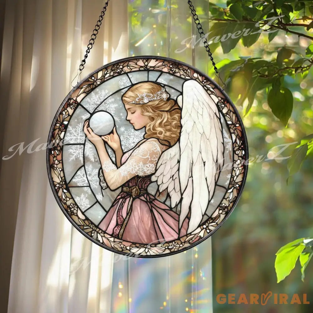 Angel Stained Glass Suncatcher Elegant Angel with Orb Glass Panel Spiritual Window Hanging Guardian Angel Decor